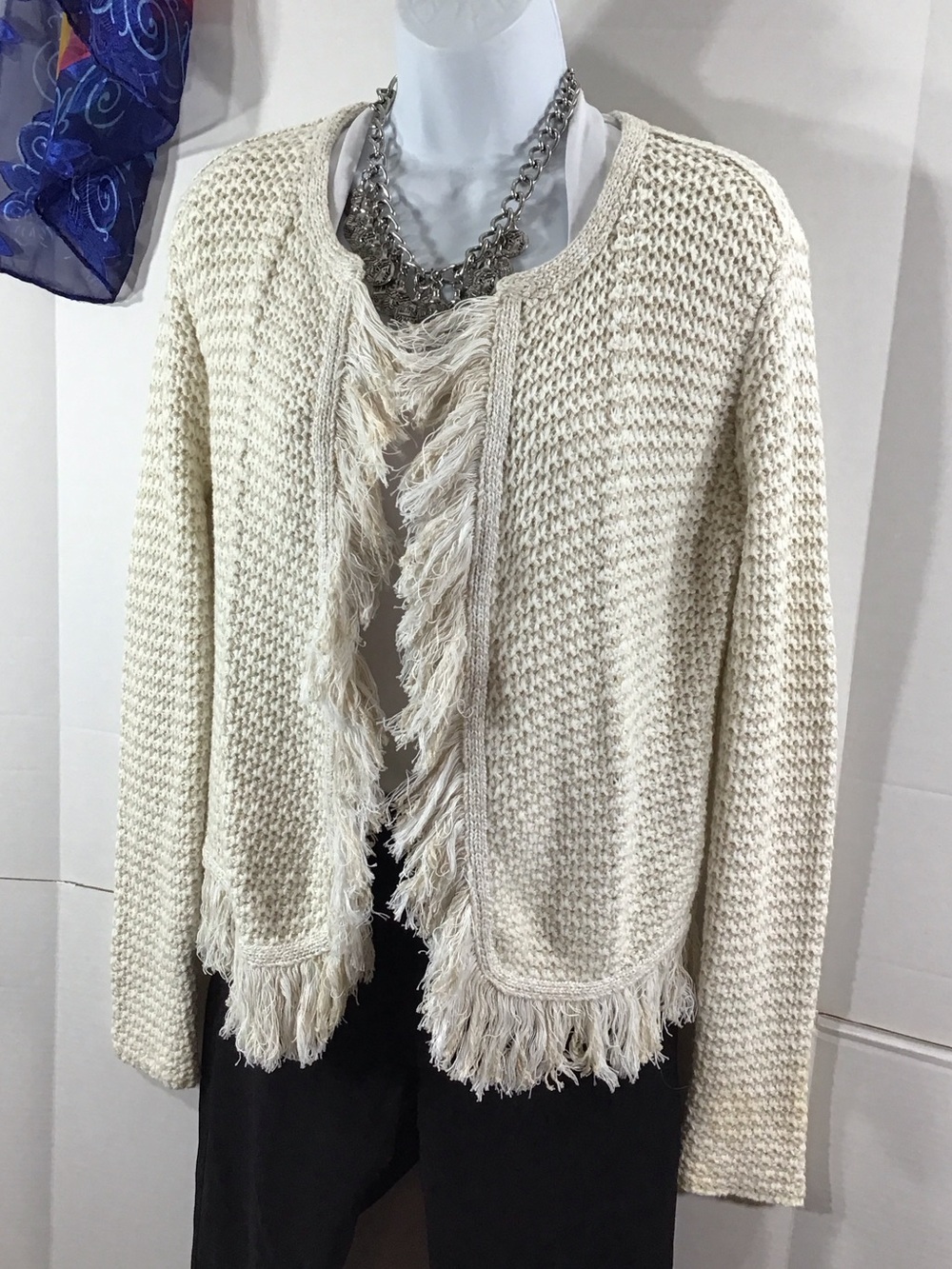 Etcetera Cream cotton Fringe Open-Front cropped Cardigan M